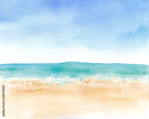 青空と砂浜と水平線 水彩イラストのトレースベクター Wall Mural Keikotakamatsu