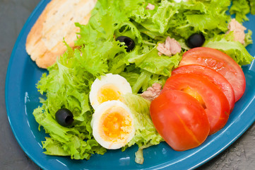 Salad with tuna, eggs, tomato olives and croutons
