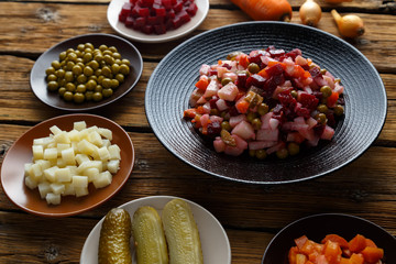 Traditional Russian dish vinaigrette. Vegetarian salad of beets, potatoes, carrots, pickles, green peas and onions. Healthy eating concept.
