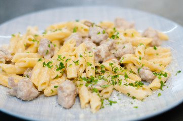 Italian pasta with meat, cheese, spices, parsley. Gourmet traditional food