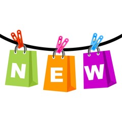 Colorful new word on clothes pegs, notes card clipped to a rope.