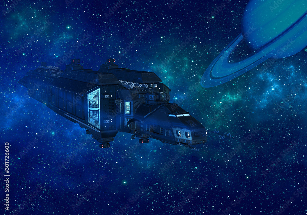 Wall mural spaceship in outer space and planet saturn. 3d rendering.