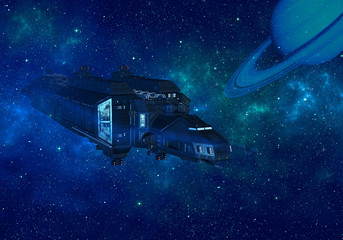 Spaceship in outer space and Planet Saturn. 3D rendering. © Nada Sertic