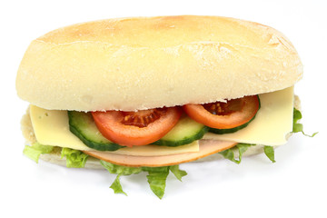 chicken and raw vegetable sandwich on a white background
