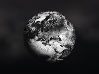 Planet earth in black and white colour. Europe, part of Asia and Africa. Elements of this image furnished by NASA. 3D rendering.