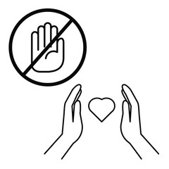  A set of simple icons with a hand stop sign and the hands holding a heart