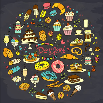 Set of colorful doodle sweets food on chalkboard. Vector illustration. Cakes, biscuits, baking, cookie, donut, ice cream, macaroons, coffee. Perfect for dessert menu or design. Round composition