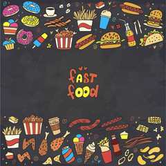 Frame from colorful fast food doodle on chalkboard. Vector. Burger, snacks, hamburger, fries, hot dog, tacos, coffee, sandwich, ice cream, donut. Perfect for menu design.