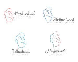 Set of logo with mother and baby. Stylized outline symbol. Motherhood, love, mother care, woman, child, baby sling. Silhouette, icon, logo, sign. Vector illustration