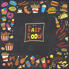 Fototapeta premium Frame from colorful fast food doodle on chalkboard. Vector. Burger, snacks, hamburger, fries, hot dog, tacos, coffee, sandwich, ice cream, donut. Perfect for menu design.