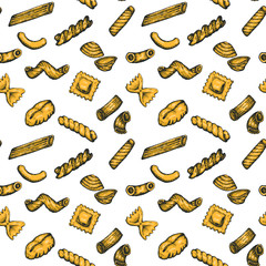 Pasta types hand drawn vector seamless pattern, sketched ink illustrations.