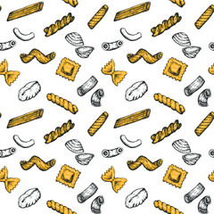 Pasta types hand drawn vector seamless pattern, sketched ink illustrations.