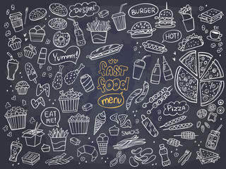 Set of fast food doodles on chalkboard. Vector illustration. Perfect for menu or food package design.