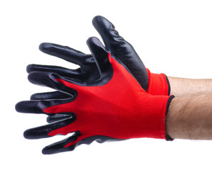 Male hands in work gloves on white background isolation