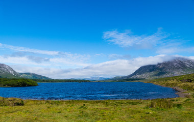 Panorama lake with mountains in connemara national park in Ireland