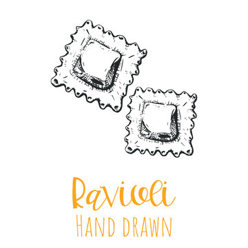 Ravioli type pasta hand drawn vector illustration, isolated sketched pasta shape.