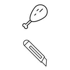  A set of simple icons with a chicken leg and a box cutter