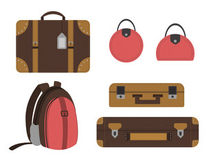 Vector flat set of traveler’s suitcases. Luggage icons collection. Travel objects isolated on white background. Vacation infographic element..