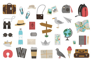 Vector big set of traveling objects isolated on white background. Trendy journey kit. Travel icons collection. Vacation infographic elements pack..