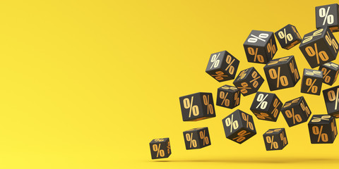 Black Friday. Black cubes with golden percentages fly on a yellow background. 3d render illustration.