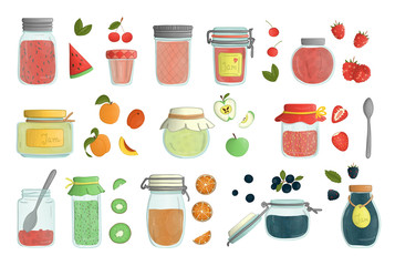 Vector set of colored glass jam jars watercolor style isolated on white background. Colorful collection of preserved food in pots with fruit and berries.  .