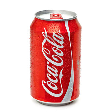 Los Angeles, California - May 17, 2019: Classic Coca-Cola can on White Background. Coca-Cola Company is the most popular market leader in USA