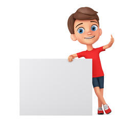 Cartoon boy character showing thumb up and leaning against a blank board on a white background. 3d render illusion.