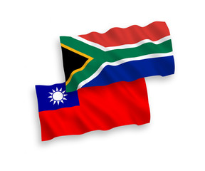 National vector fabric wave flags of Taiwan and Republic of South Africa isolated on white background. 1 to 2 proportion.