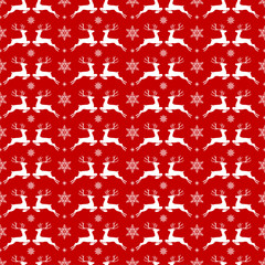 Merry Christmas pattern seamless. Red and white X-mas winter holiday background. Endless texture for gift wrap, wallpaper, web banner, wrapping paper and fabric pattern. Reindeer backgrond repeat.