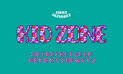 Vector Colorful label Kids Zone with Flat playful Font. Stylish Bright Alphabet for Children Logo, Design banner, etc.