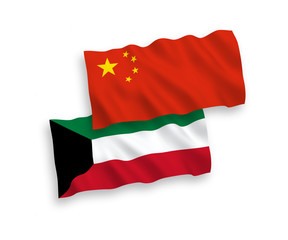 National vector fabric wave flags of Kuwait and China isolated on white background 1 to 2 proportion.