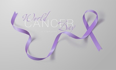 Fototapeta premium World Cancer Day. Calligraphy Poster Design. Realistic Lavender Ribbon. February 4 th is Cancer Awareness Day. Vector