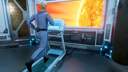 A female astronaut athlete runs on a treadmill in a gym on a futuristic spaceship in front of a porthole overlooking a burning star. 3D Rendering © designprojects