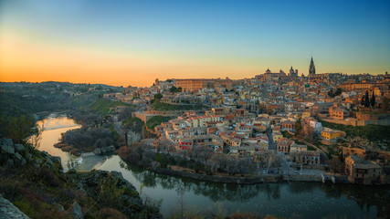 Panoramic view of beautiful sunset over the old town of Toledo. Travel destination Spain