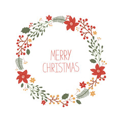 Christmas card with a frame of mistletoe, Holly, flowers, berry, tree and with lettering merry Christmas in hand drawn style. Background for banner, print, poster, postcard. Vector illustration.