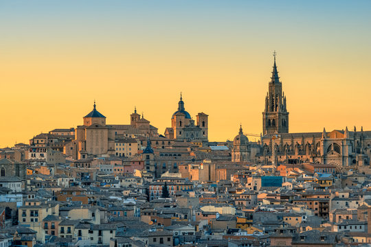 High angle view of beautiful sunset over the old town of Toledo. Travel destination Spain