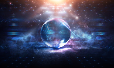 A transparent glass ball with reflection in the center of an abstract dark background. Smoke, empty scene background. 3D illustration