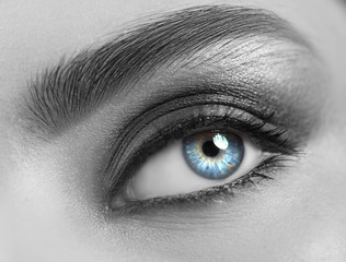 Beautiful woman eye close-up. Young Woman Blue one eye macro shoot. Holiday smoky eyes make-up,...