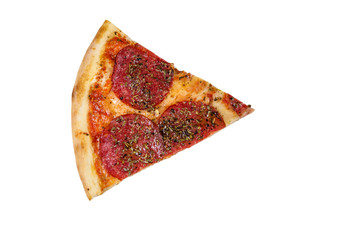 Slice of pizza with sausage and cheese isolated on white background