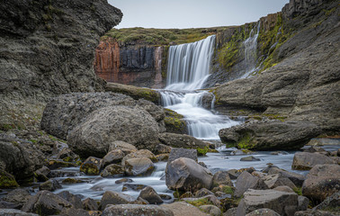 Slaedufoss Waterfall in a remote area of northern islandic Highland