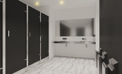 Large washbasin in a public toilet. Walls in black. Light background. 3D rendering