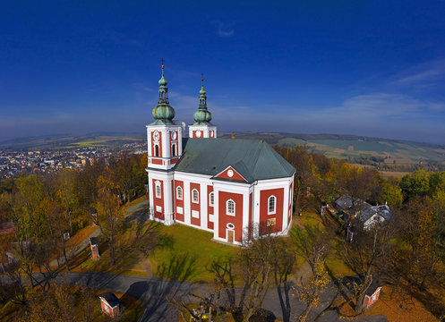 The Pilgrimage Church on the Cvilin Hill. The Pilgrimage Church of the Elevation of the Holy Rood and Our Lady on Cvilin Hill was built from 1722 to 1728. Krnov, Moravia, Czech Republic