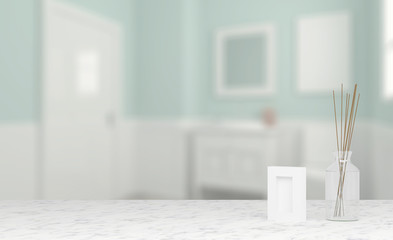 bathroom accessories on a white table, against a light interior. 3D rendering