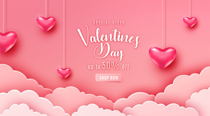 Happy valentines day greeting background in papercut realistic style. Paper clouds, flying realistic heart on string. Pink banner party invitation template. Calligraphy words text sign on copy space - obrazy, fototapety, plakaty