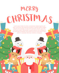 Christmas background. Vector background vector with Snowman, Gift boxes, Reindeer, Tree and Santa claus. Christmas background with copy space. Flat style vector illustration.