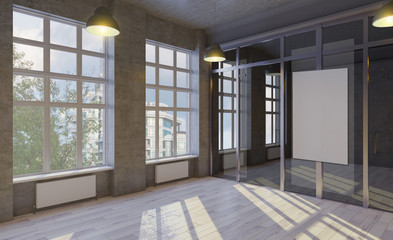 Office corridor with large blank wall and row of conference rooms with concrete wall and floor decoration. Mock up.. 3D rendering. Blank paintings