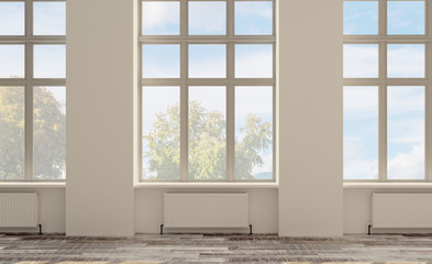 3D rendering, empty office space. open space. walls in bright colors. large panoramic windows.