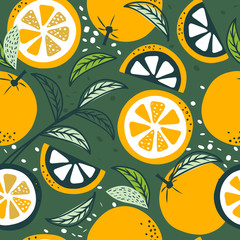 Fresh oranges, leaves, background. Hand drawn overlapping backdrop. Colorful wallpaper vector. Seamless pattern with citrus fruits. Decorative illustration, good for printing - 301737859