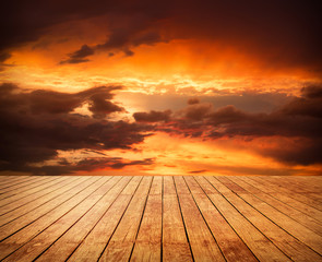 Fototapeta na wymiar LWTWL0015086-1166-1009 empty floor with backdrop on cloudscape at sunrise time
