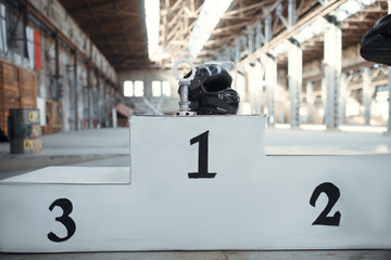 Helmet on podium for winners, karting auto sport
